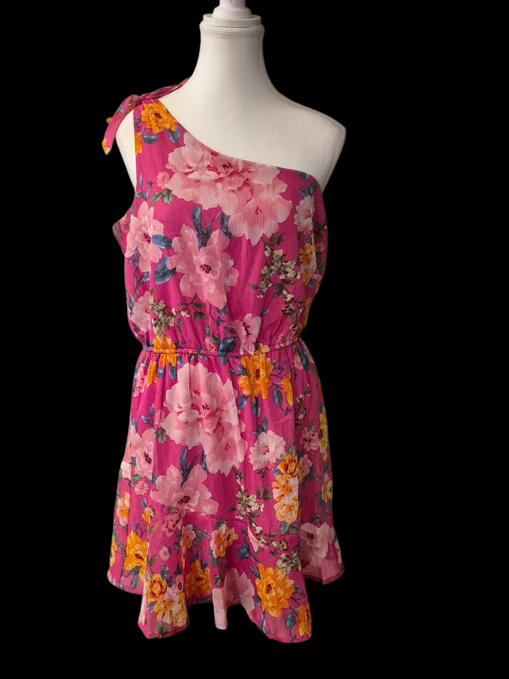 One-Shoulder Floral Pink Dress with Tie Shoulder
